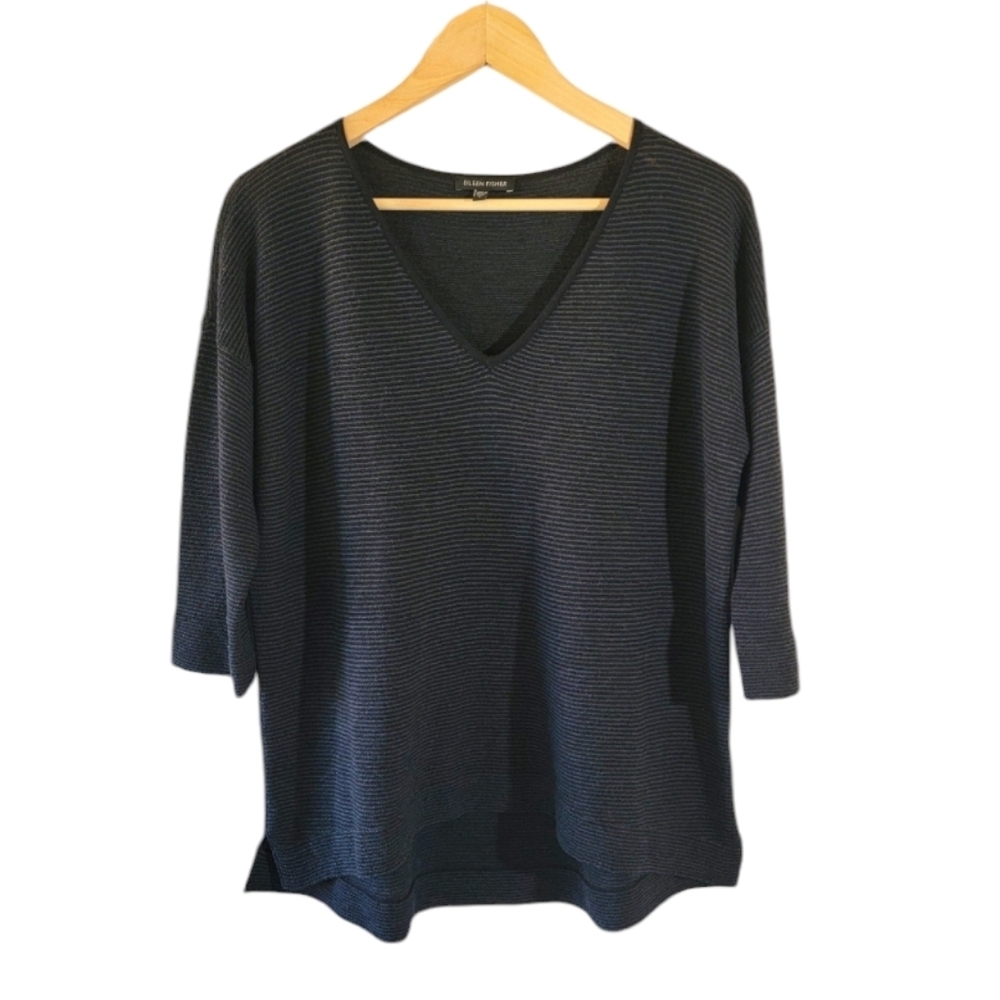 EILEEN FISHER Black Gray 100% Wool Top Size S Textured V-neck High-Low Cozy Goth